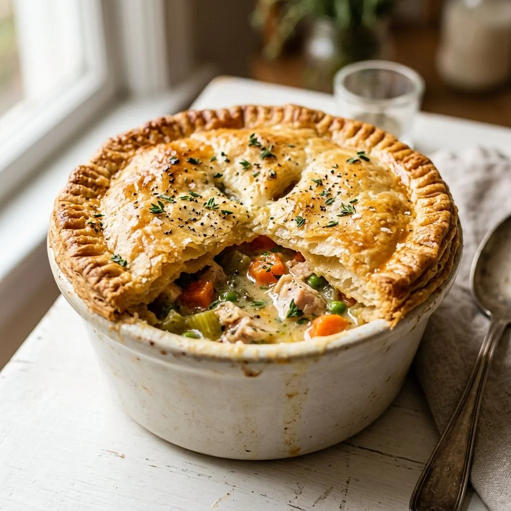Delicious homemade chicken pot pie fresh out of the oven