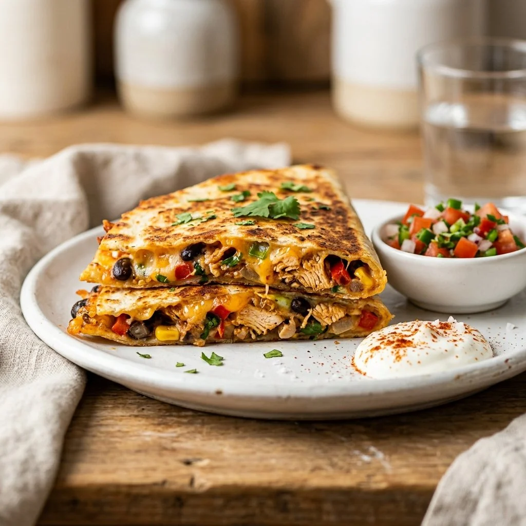 Delicious homemade chicken quesadilla served with salsa and sour cream