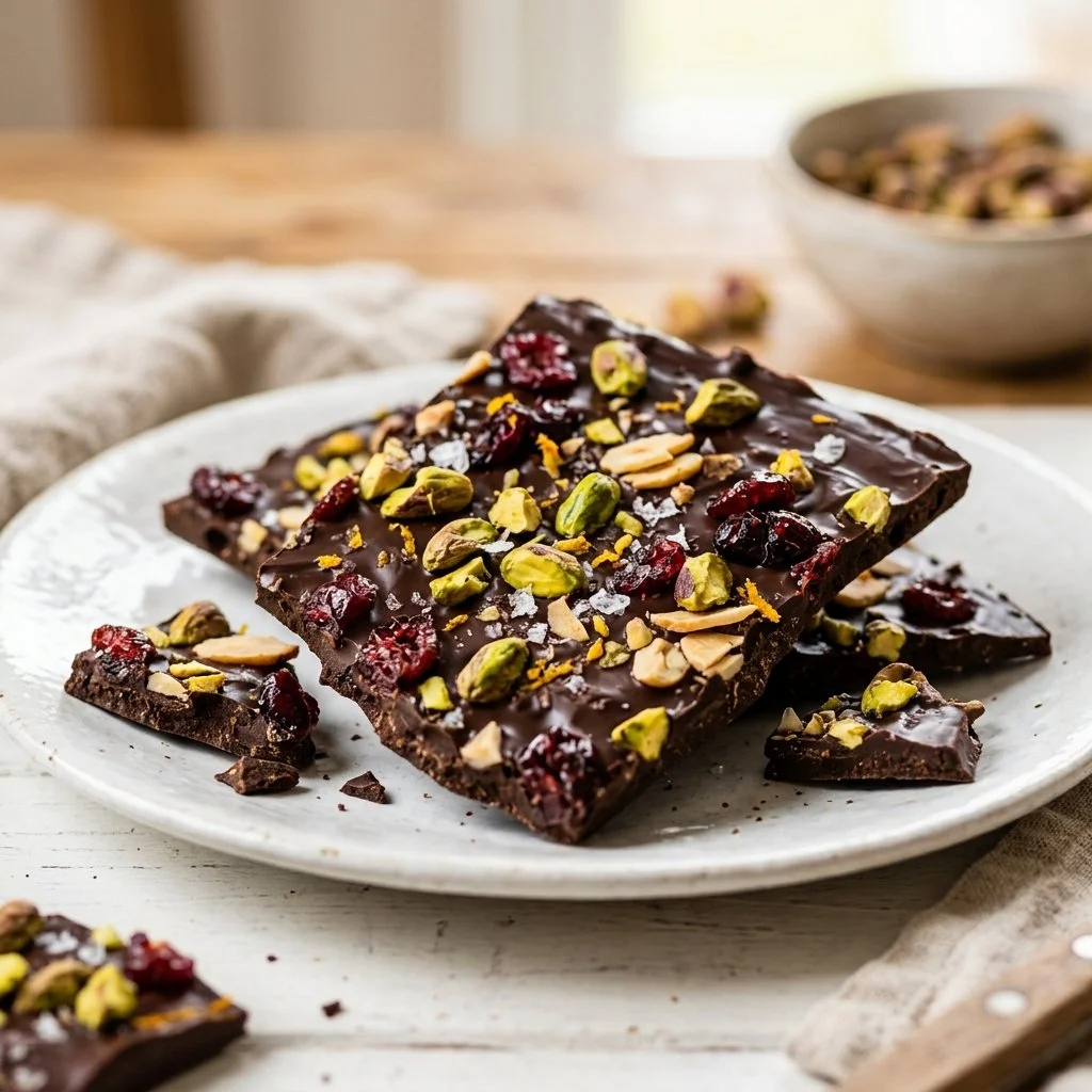 Homemade chocolate bark with nuts and dried fruits