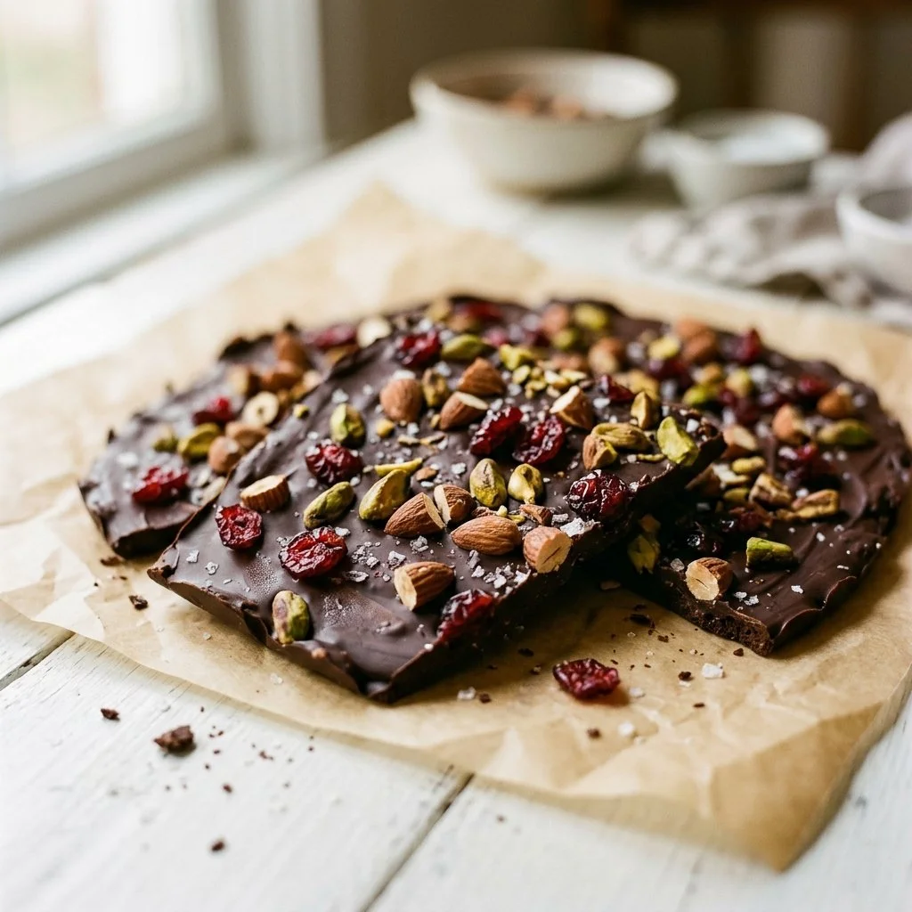 Homemade chocolate bark with nuts and dried fruits on a white plate