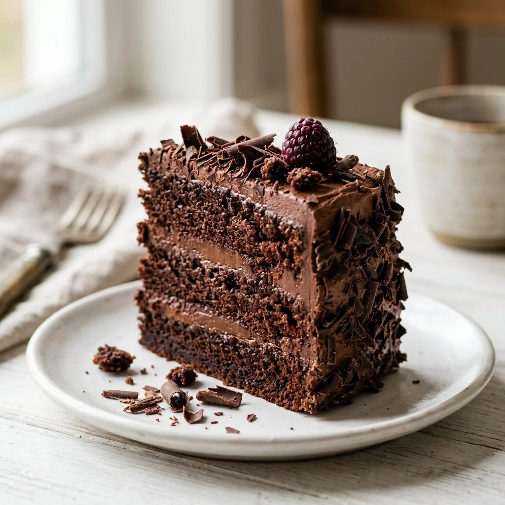 Delicious homemade chocolate cake with frosting and sprinkles.
