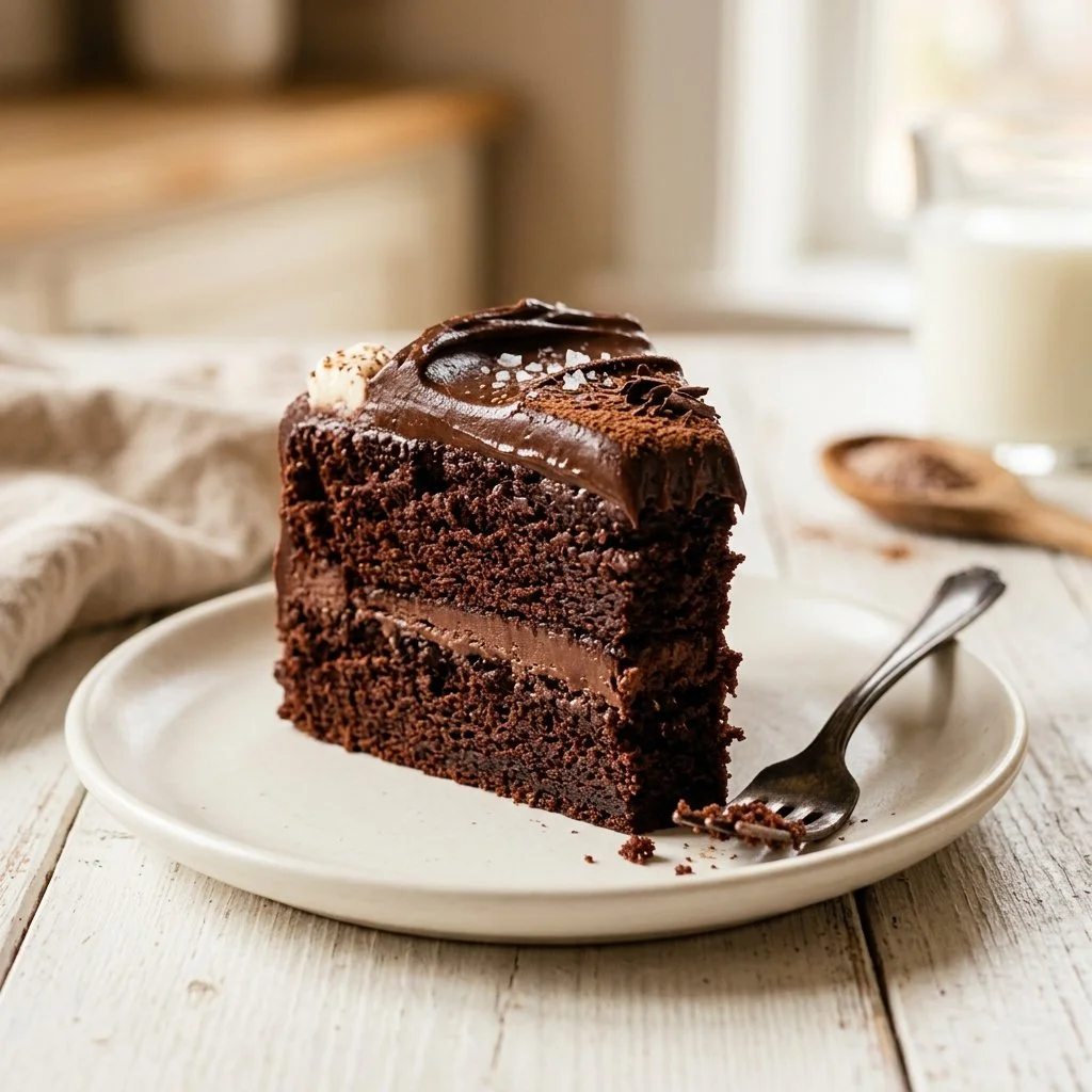Homemade chocolate cake with frosting on a white plate