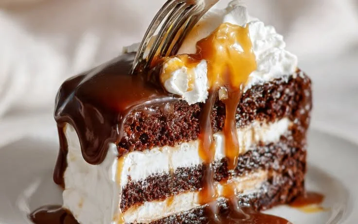 Decadent chocolate cake with luscious caramel cream topping