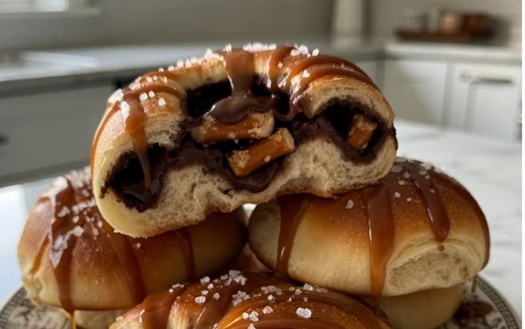 Delicious Chocolate Caramel Pretzel Rolls drizzled with chocolate sauce