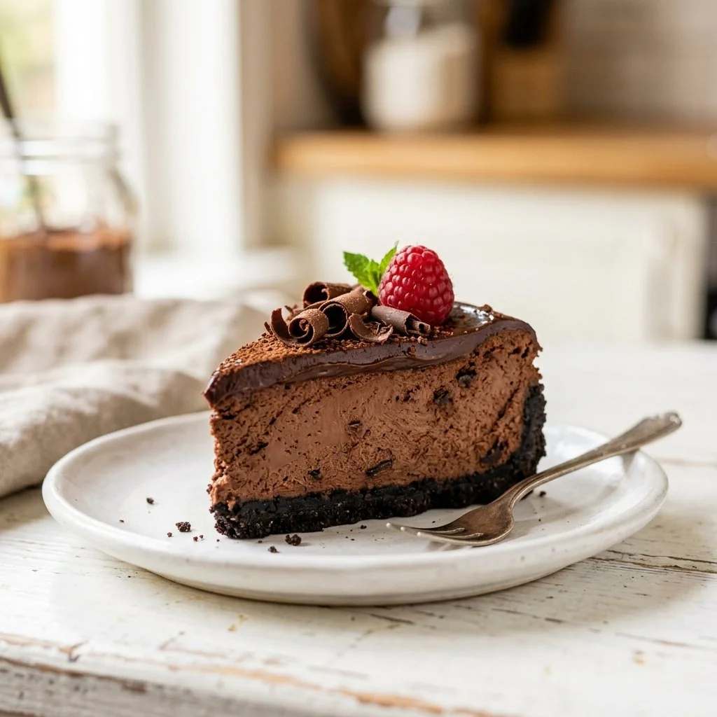 Delicious chocolate cheesecake topped with chocolate ganache and berries