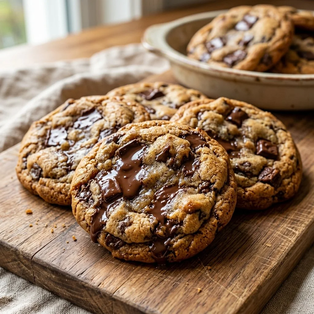 Freshly baked chocolate chip cookies on a cooling rack.