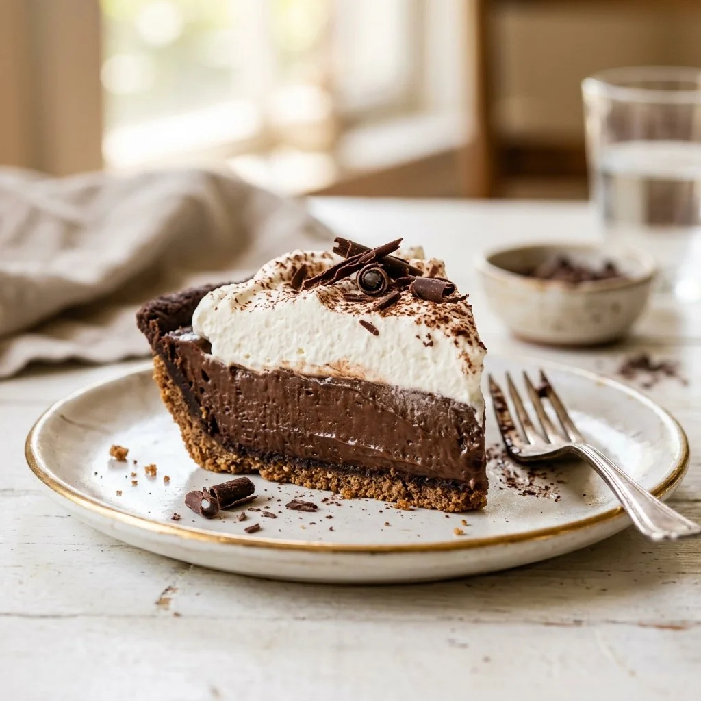 Delicious homemade chocolate cream pie with whipped cream topping