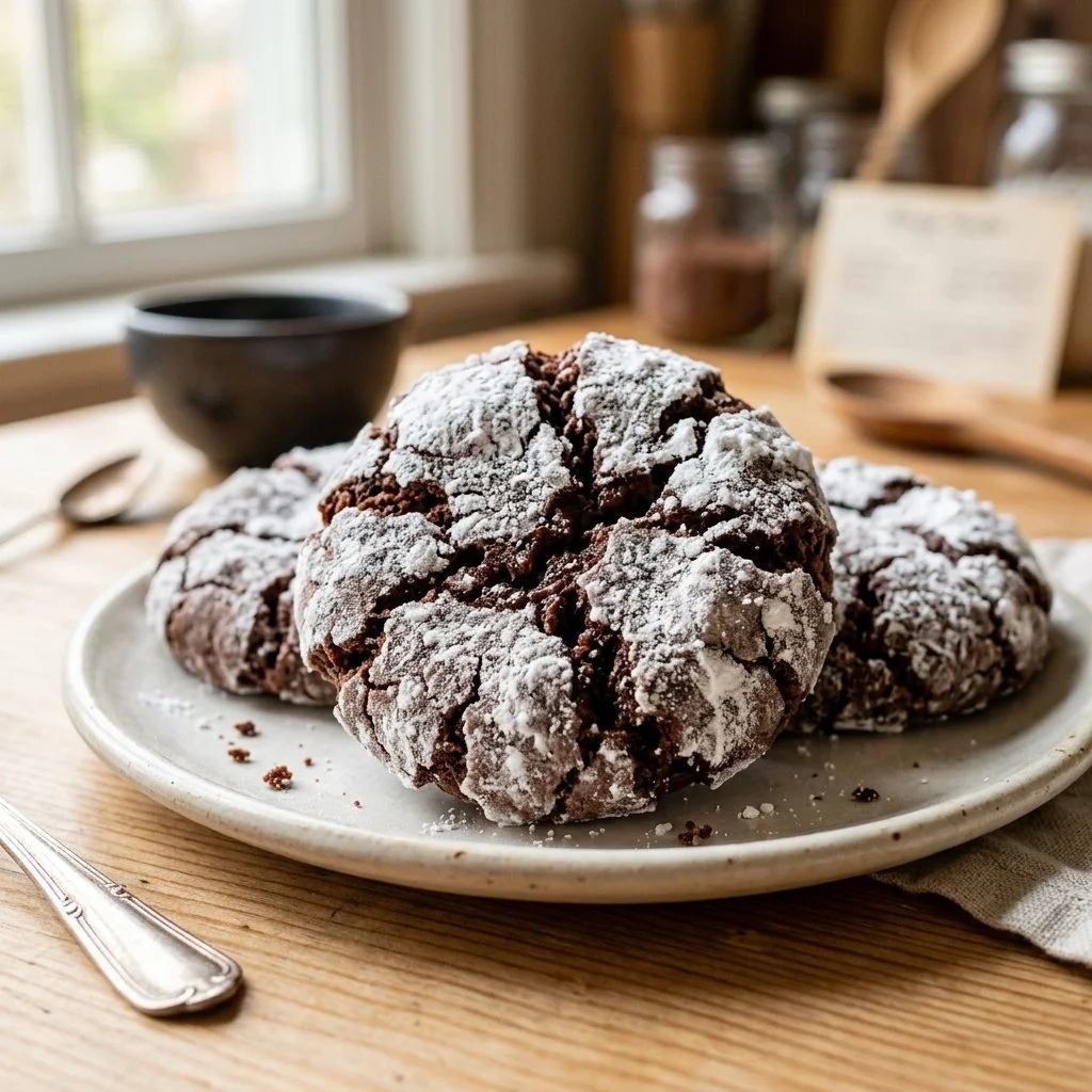 Delicious chocolate crinkle cookies dusted with powdered sugar on a plate