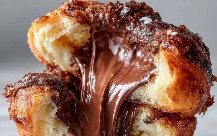 Chocolate croissant-style muffins topped with melted chocolate drizzles