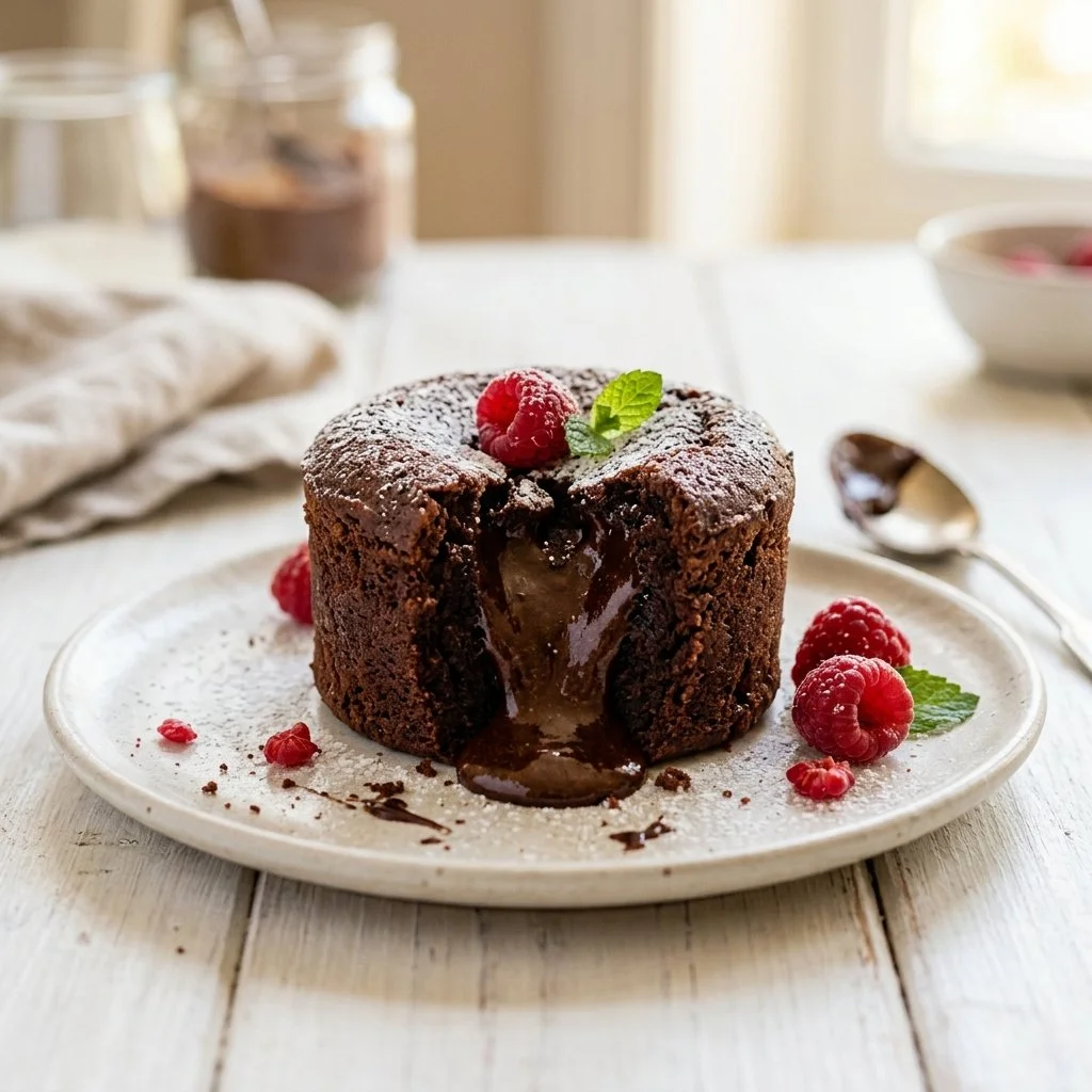 Decadent chocolate lava cake with gooey center served on a plate