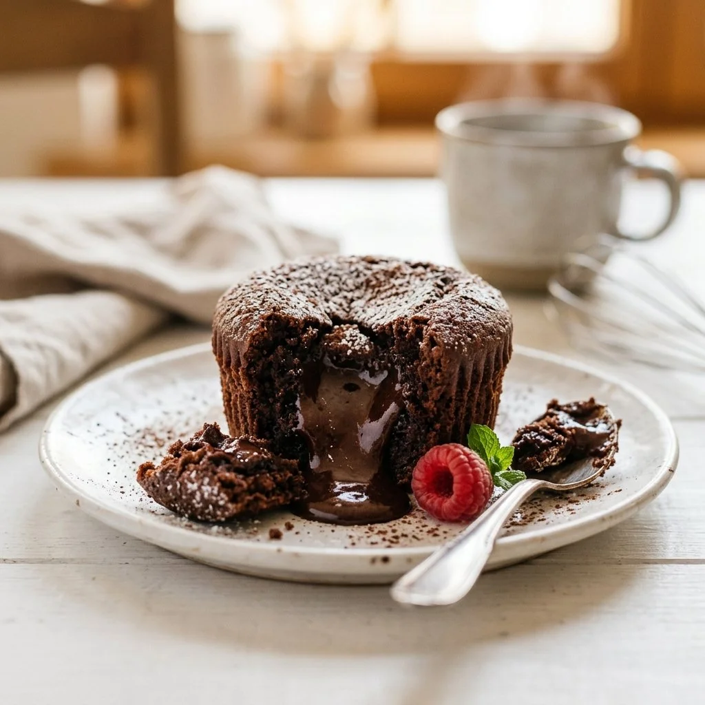 Delicious chocolate lava cake with a molten chocolate center served on a plate.