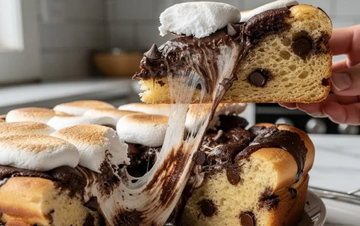 Chocolate Marshmallow Pancake Casserole topped with melted chocolate and fluffy marshmallows