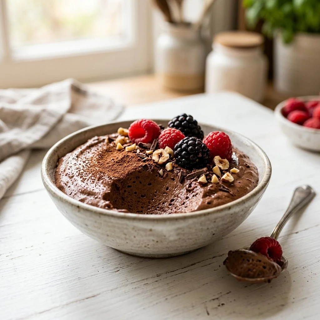 Delicious homemade chocolate mousse served in a dessert dish