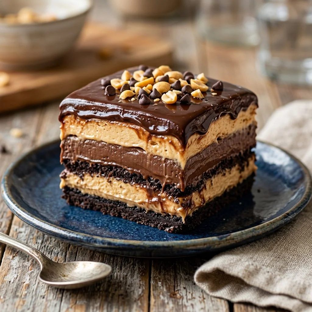 Delicious Chocolate Peanut Butter Lasagna dessert with rich layers and toppings.