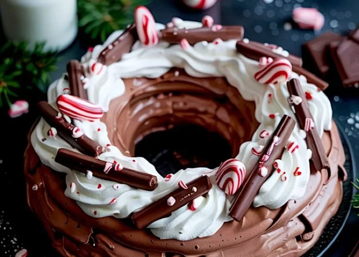 Chocolate Peppermint Pavlova Wreath dessert decorated for holidays