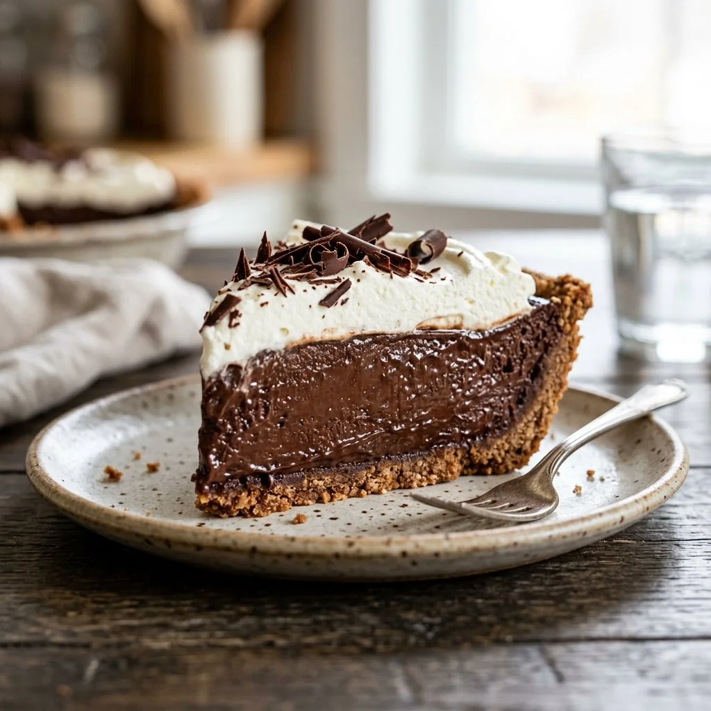 Delicious slice of Chocolate Silk Pie topped with whipped cream and chocolate shavings
