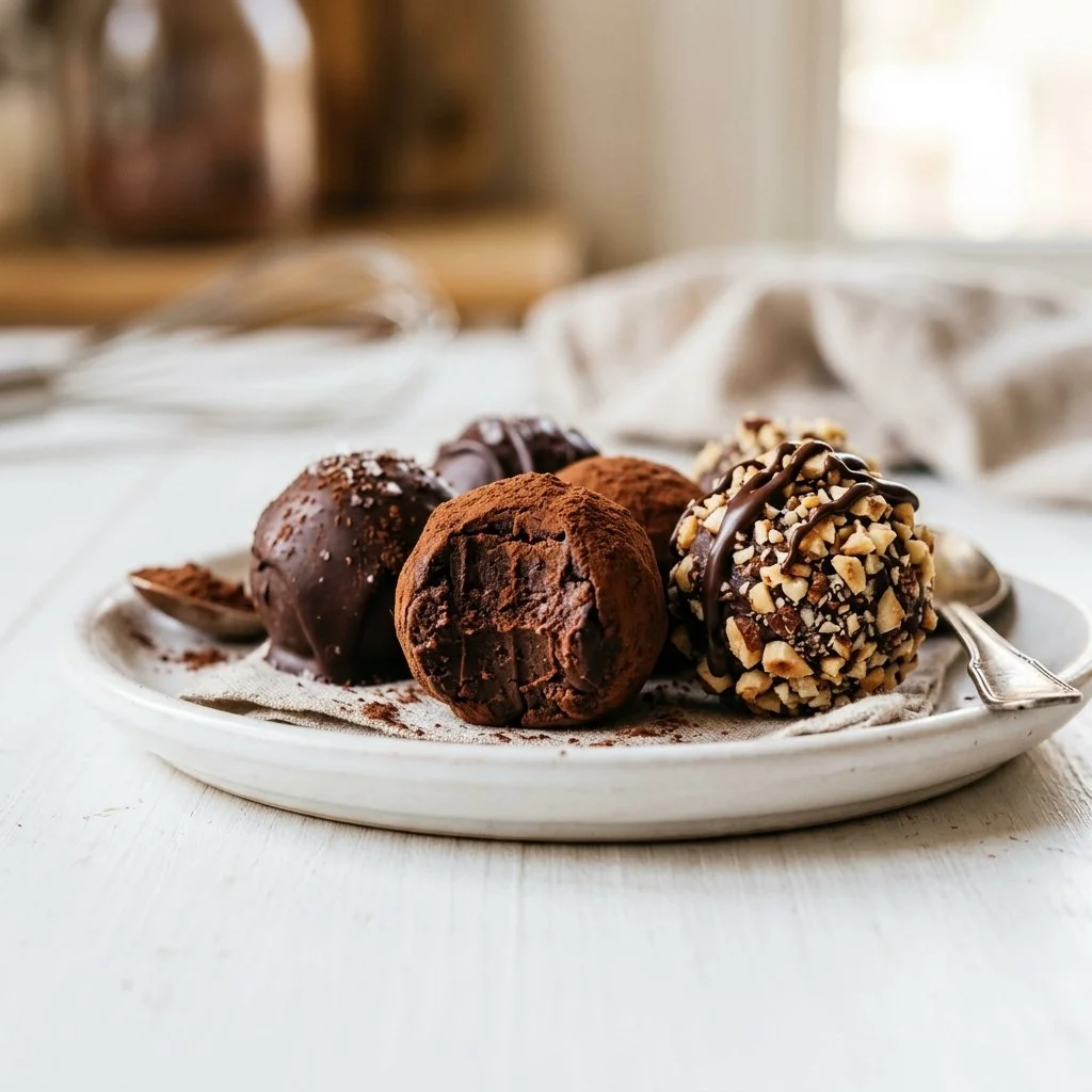 Decadent homemade chocolate truffles on a plate.