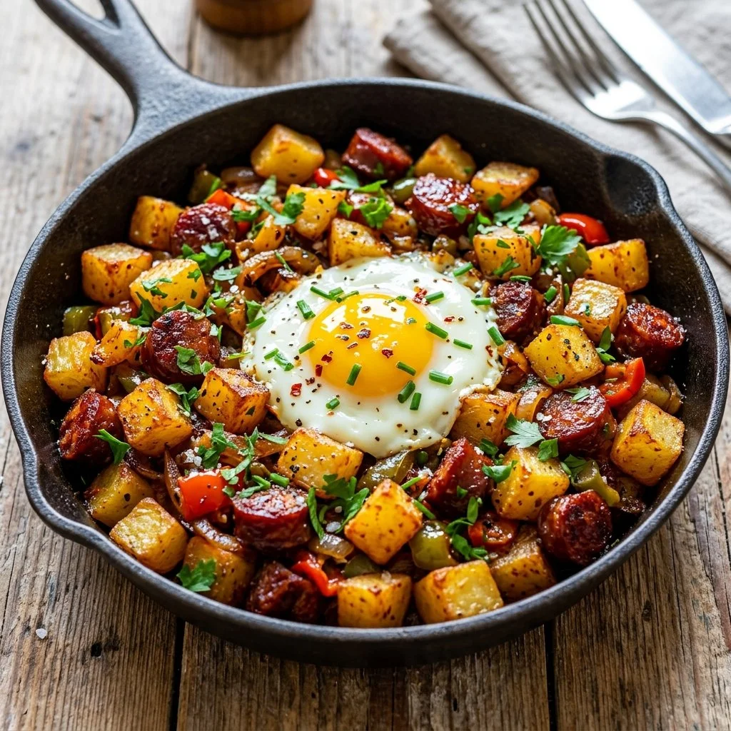 Chorizo and Potato Hash served in a skillet with fresh herbs