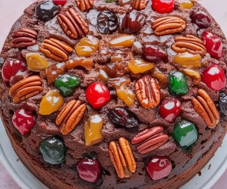 Delicious homemade Christmas fruit cake decorated with festive toppings