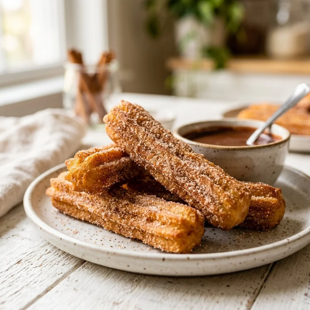 Delicious homemade churros served with chocolate sauce