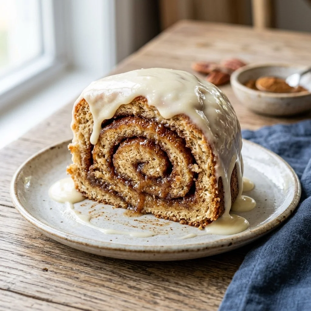 Delicious homemade cinnamon roll cake topped with icing and cinnamon swirls