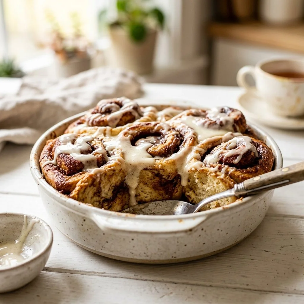 Delicious cinnamon roll casserole topped with icing on a serving dish