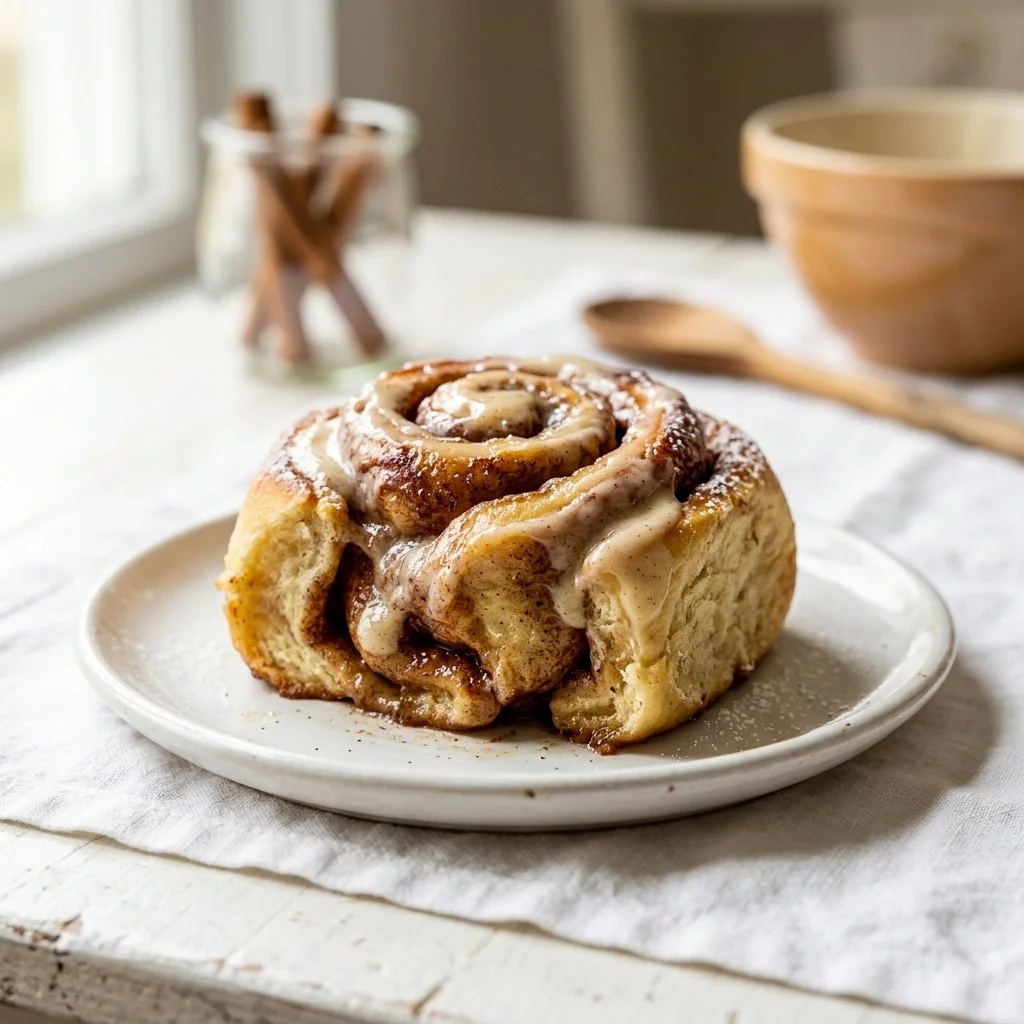 Freshly baked cinnamon rolls topped with cream cheese frosting