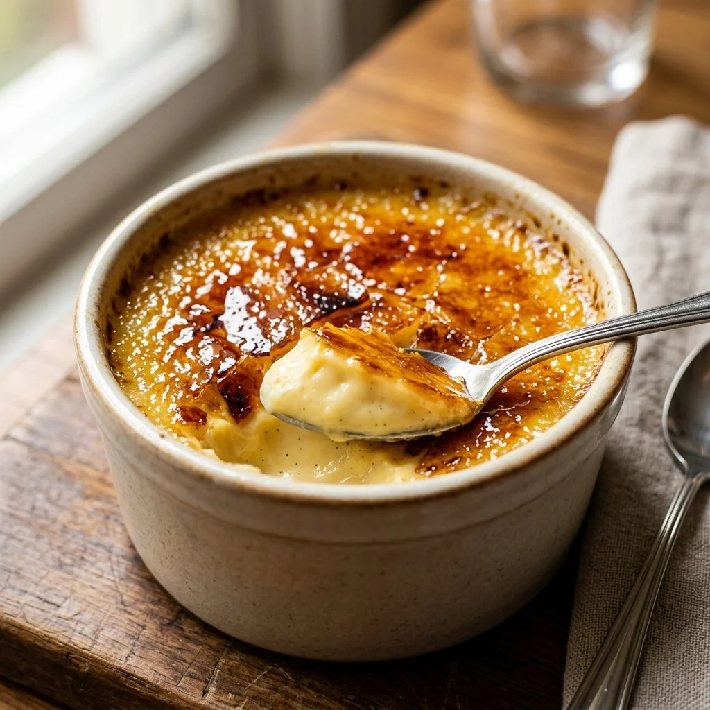 Classic crème brûlée dessert with caramelized sugar topping