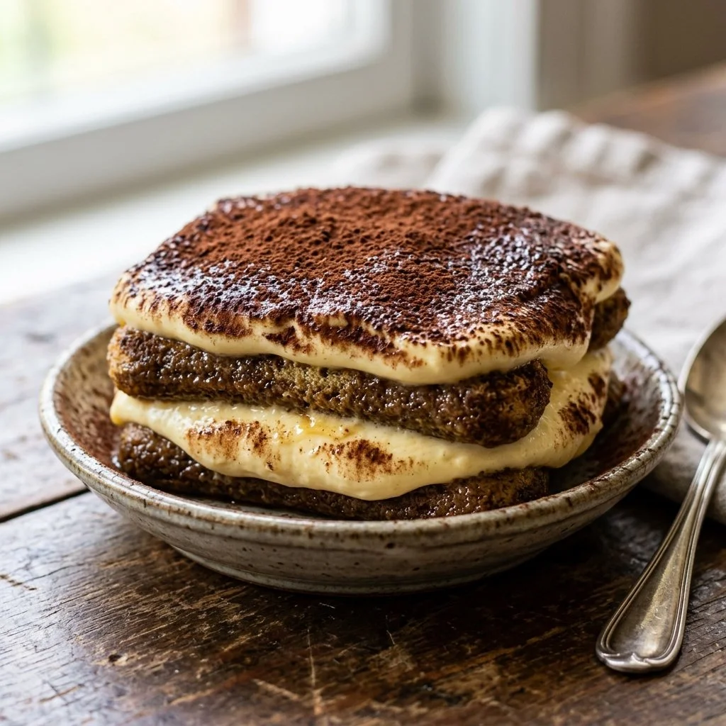 Classic tiramisu dessert with layers of coffee-soaked cookies and mascarpone cream