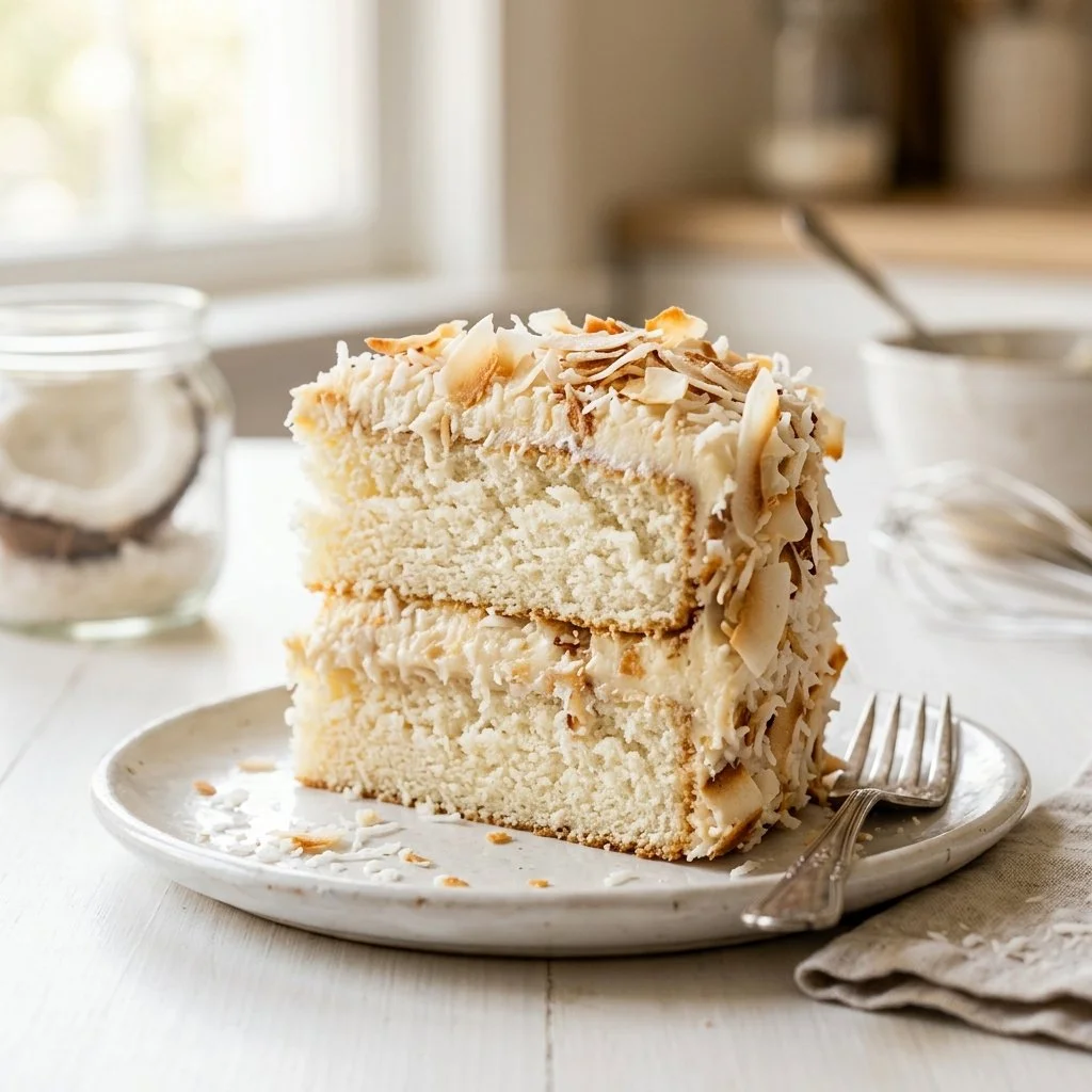 Delicious homemade coconut cake topped with frosting and shredded coconut.