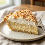 Deliciously creamy Coconut Cream Pie topped with whipped cream and toasted coconut flakes.