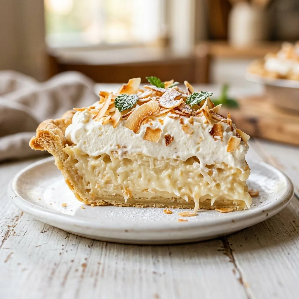 Delicious coconut cream pie freshly baked and ready to serve.
