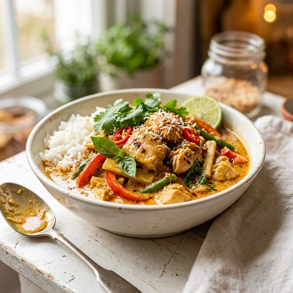 Homemade coconut curry dish with colorful vegetables and rice