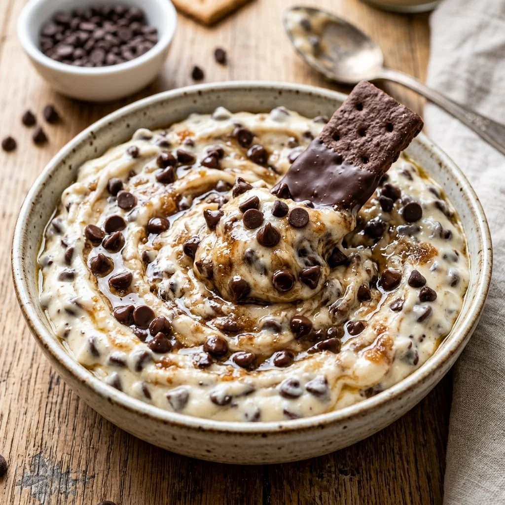 Delicious cookie dough dip served in a bowl with chocolate chips.