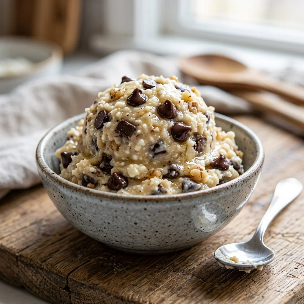 Bowl of cottage cheese cookie dough with chocolate chips and nuts