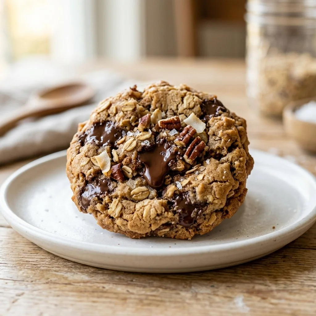 Delicious homemade cowboy cookies on a plate with a rustic background