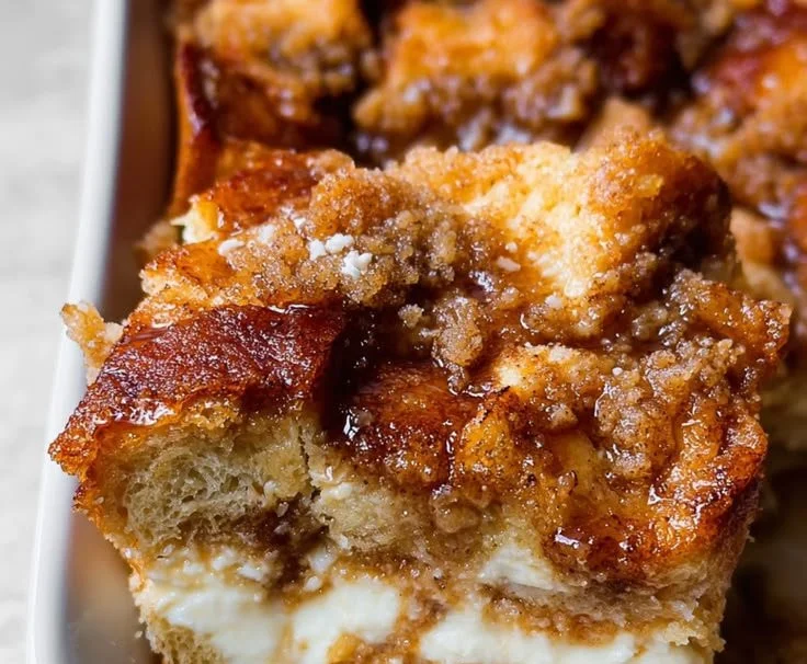 Delicious cream cheese French toast casserole ready to serve for brunch