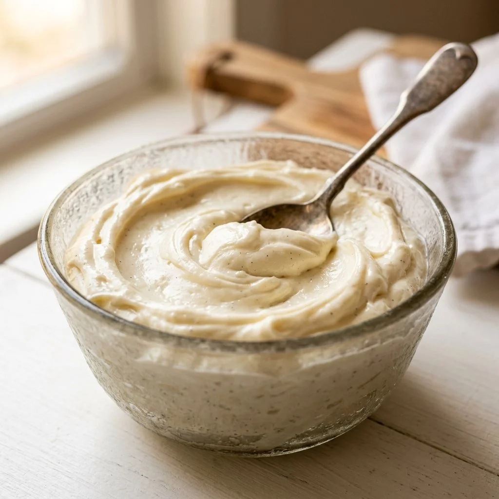 Delicious homemade cream cheese frosting on a cake