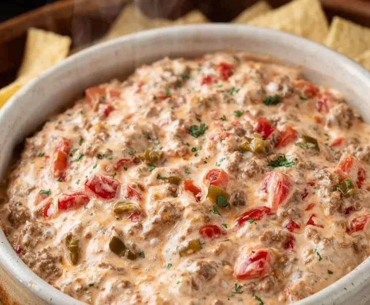Delicious Cream Cheese Rotel Dip served in a bowl with tortilla chips