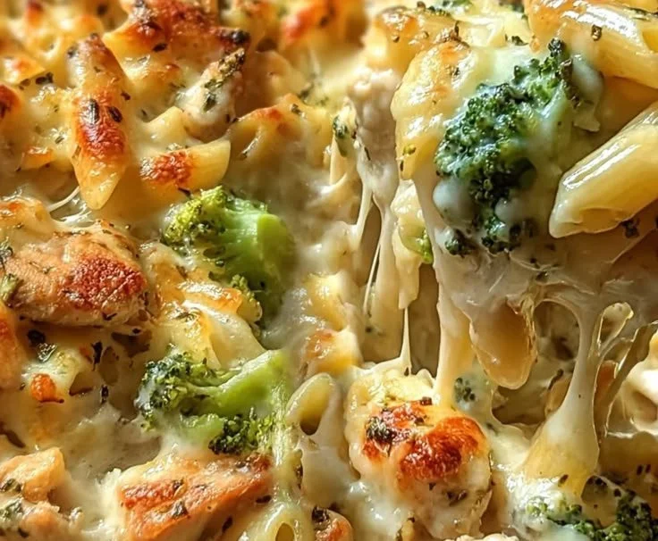 Creamy Chicken and Broccoli Alfredo Bake served in a dish