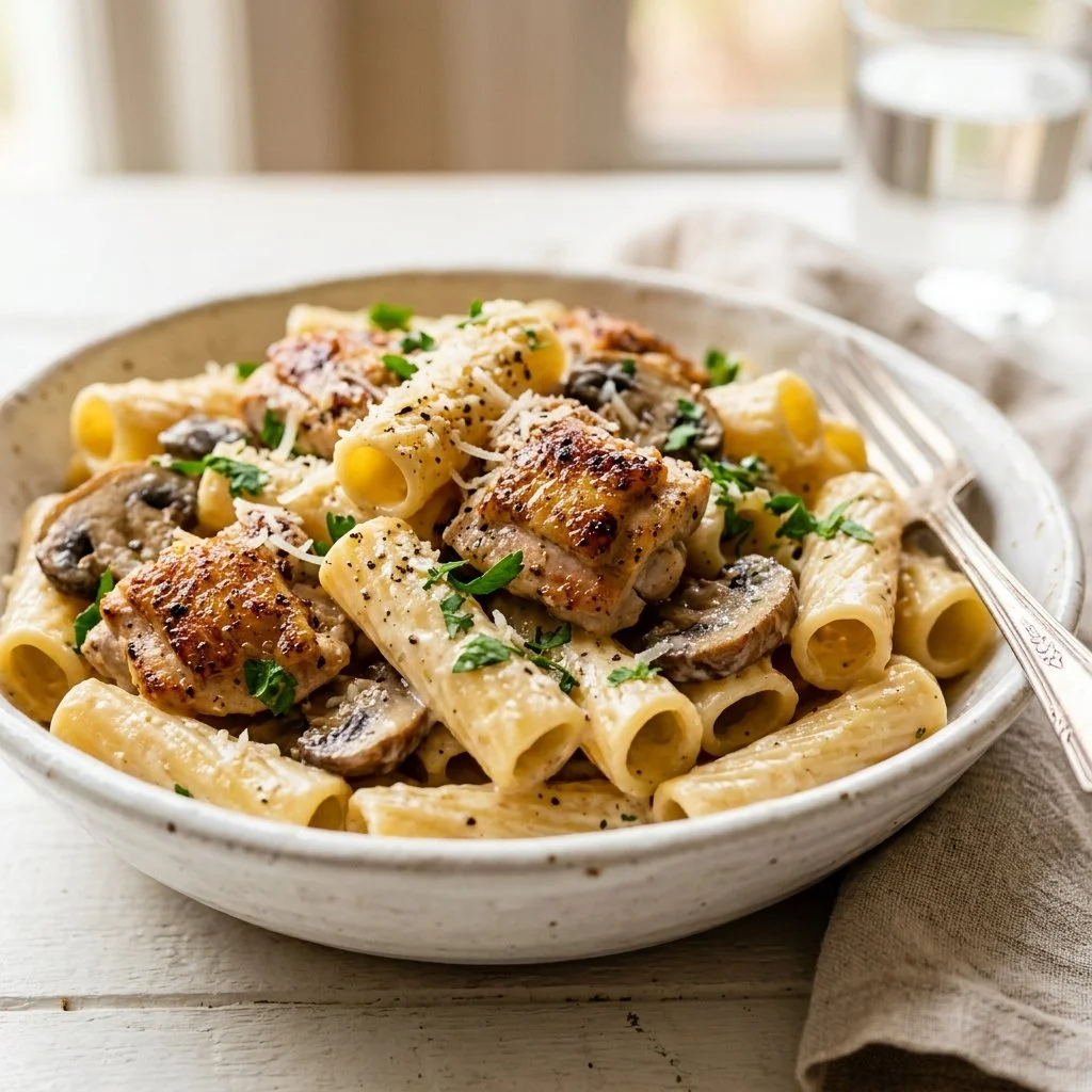 Creamy chicken pasta dish served in a bowl with herbs and grated cheese