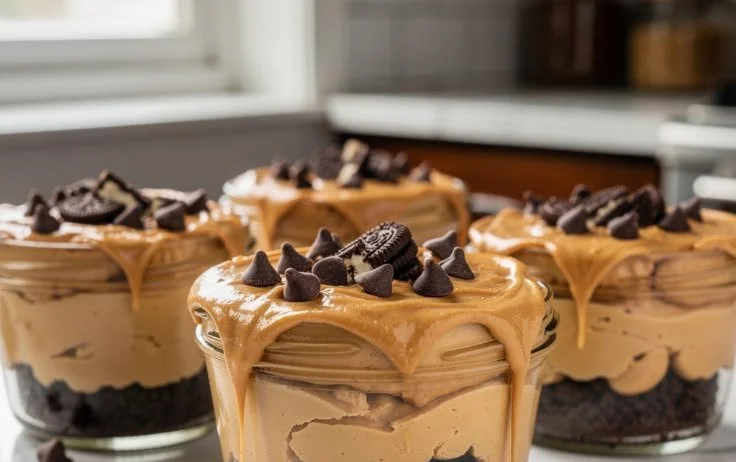 Delicious creamy peanut butter cheesecake cups topped with chocolate drizzle.