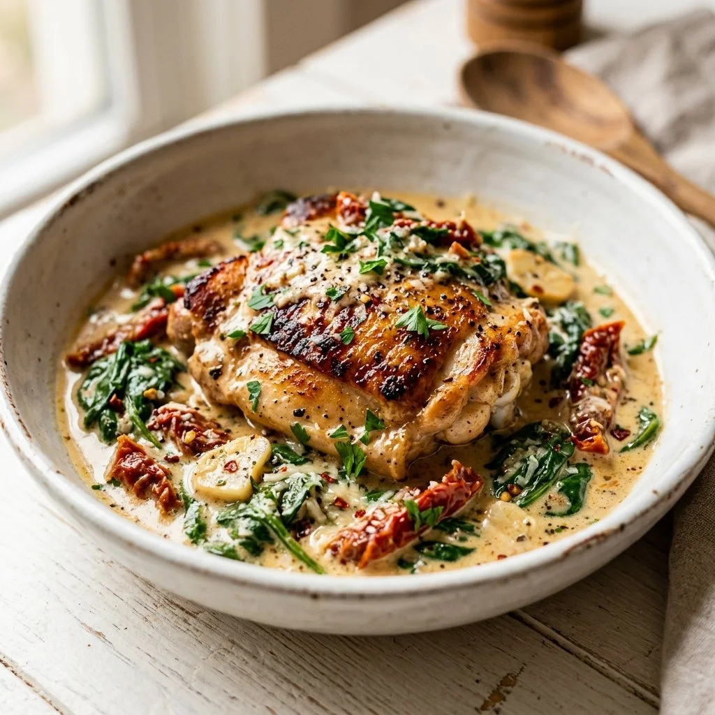 Creamy Tuscan chicken plated with fresh herbs and vegetables.