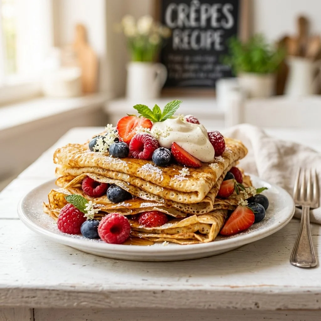 Delicious homemade crepes on a plate with toppings