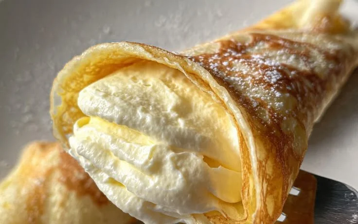 Delicious crepes topped with lemon cream filling, served elegantly on a plate.