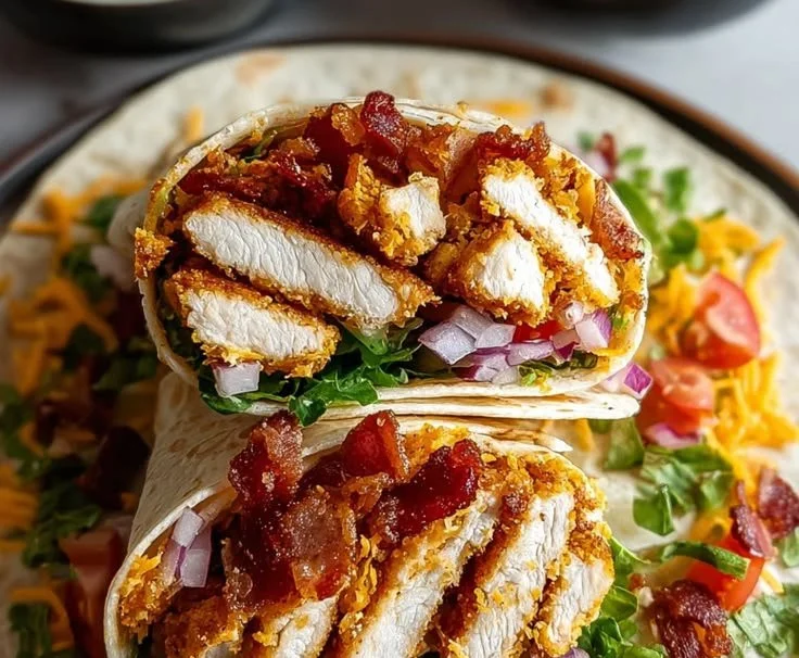 Delicious Crispy Chicken Bacon Ranch Wrap on a plate with fresh ingredients