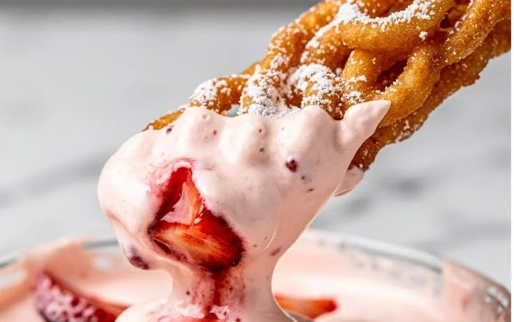 Crispy funnel cake fries served with strawberry cheesecake dip on a plate