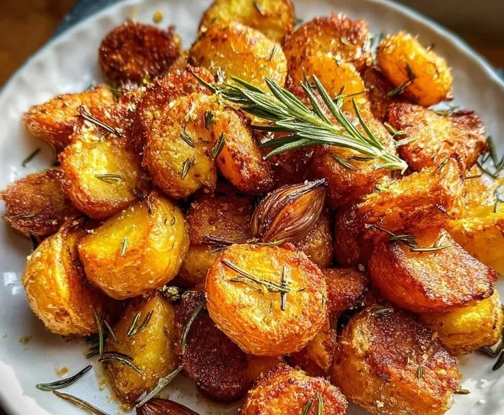 Crispy roast potatoes with rosemary and garlic served in a bowl
