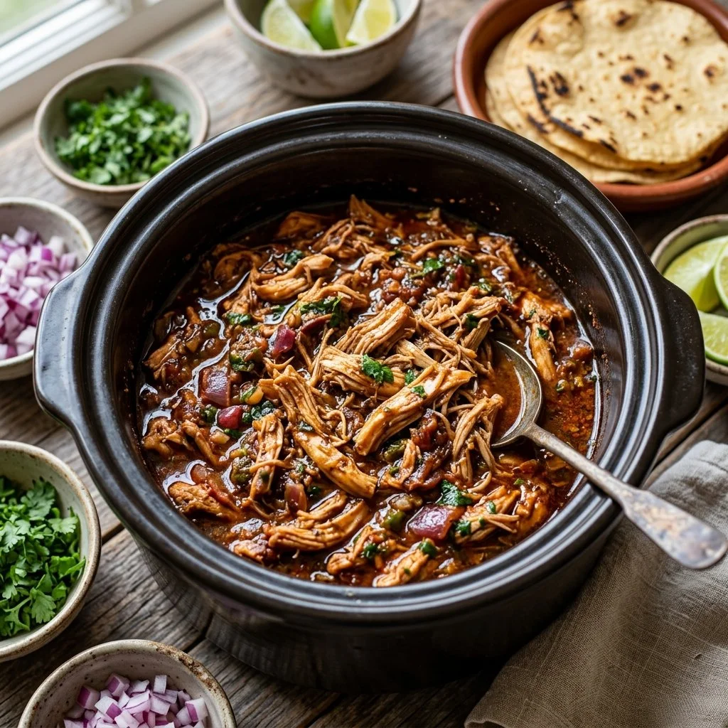 Crockpot chicken tacos served with fresh toppings in a tortilla