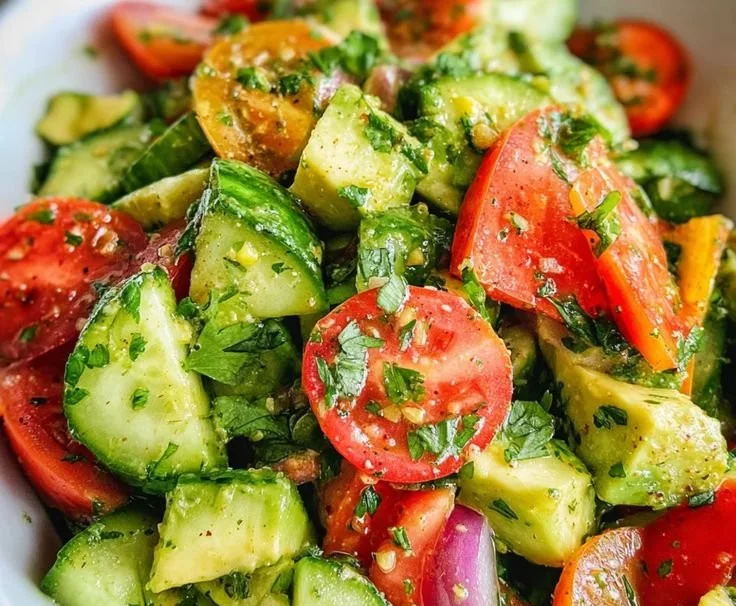 Fresh Cucumber Tomato Avocado Salad served in a bowl with herbs.